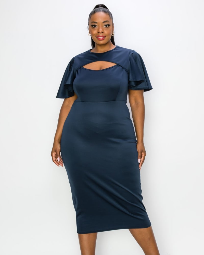 Front of a model wearing a size 1X Millie Cutout Flutter Dress in Navy by L I V D. | dia_product_style_image_id:240973
